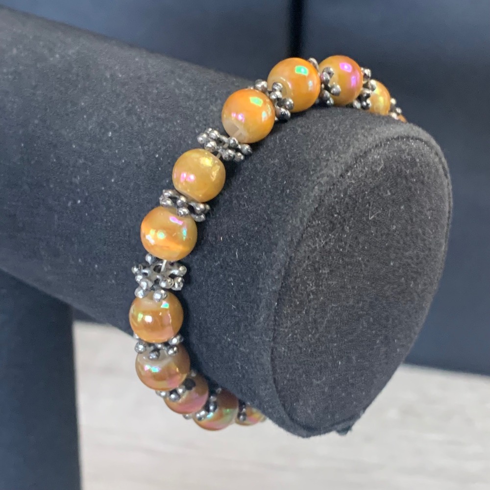 Iridescent Orange Glass Bead Stretch Bracelet Silver Tone Spacers Boho 4806